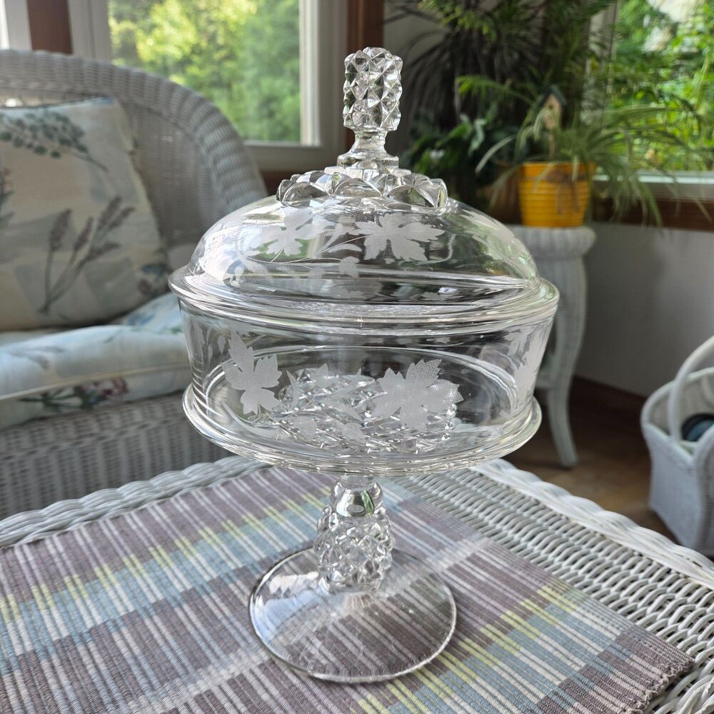 Vintage U.S. Glass Pavonia Engraved 1 Compote Pressed Glass EAPG Ripley & Co.